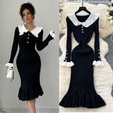 Fongt New Retro Bumpy Dolls To Receive Waist Knitted Dress Female Elastic Temperament Lotus Leafy Dress
