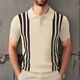 Fongt Men's Summer Short Sleeve Knit Dress Black Striped Business Casual POLO Shirt Men's
