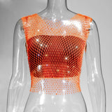 Fongt Nightclub Dresses Fishnet Hollow Out Rhinestone Vest Mesh Flash Diamond Sling Top