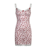 Fongt Girl Cherry Print Stitching Lace Lace Halter Skirt Female New V Collar High Waist Sweet Wind Dress-Outfit