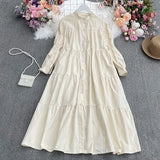 Temperament Aging Solid Color Simple Dress Autumn Dress Korean Version Fashion Bubble Long Sleeves Show Thin Button Long Skirt Women-Outfit