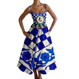 Fongt 2025 New Women's Fashion Print Folds To The Waist Sling Dress