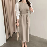 Fongt Korean Chic French Temperament Color Splicing Sleeve Women's Skirt Autumn Bubble Sleeve Waist With Round Collar Dress-Outfit