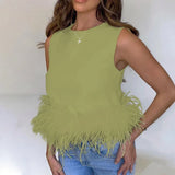 Patchwork Feather Pullover Women Tops White Sleeveless Round Neck Solid Tops Women Summer Loose Fashion Party