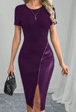 Fongt Zippered Short Sleeve Black PU Thighs Open Tight Dress