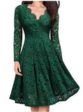 Women's Elegant Lace Dress for Party Evening Club Vintage Long Sleeve V Neck Solid Bridesmaid Dress Slim Mini Dress