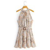 Printing Woman Stand collar Bow tie Sleeveless Mini Dress 2020 New Stylish Female Sashes Vest Dresses