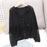 Knitted Hooded Cardigans For Women Summer Thin Long Seeve Sunscreen Shirt Single Breasted Solid Knitwear Coat Tops