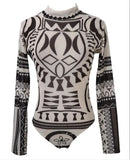 Women Bodysuits Ethnic Sexy Long Sleeve Shirt Jumpsuit Bodysuit Stretch Leotard Slim Print Bodycon Summer Bodysuit Tops-Outfit