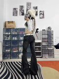 high street retro hottie micro-flare jeans women American Y2k autumn and winter raw edge splicing slim trousers-Outfit