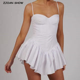 Sexy Solid White Bra Corset style Spaghetti Strap Mini Dress Women Backless Party Skater Short Dresses Sling Robe