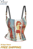 Slim Spaghetti Strap Camisole Graphic Print Tank Top Y2K Female Vintage Fashion Off Shoulder Vest Women's Crop Top