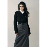 Cropped Sweater Women Solid V Neck Knitted Pullovers Vintage Preppy Slim Knitwears Korean Basic Black Grey Jumper Tops-Outfit