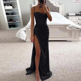 Gentle Light Blue Long Evening Prom Dress Women Sexy Sequins High Slits Spaghetti Straps Dress Female Graduation Gowns-Outfit