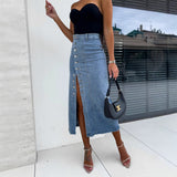Fongt New Button Irregular Opening Skirt Half-Body Denim Skirt High Waist-Cuffed Hip Dress