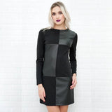 Vintage Leather Patchwork Party Dress Long Sleeve O neck Solid Sheath Elegant Casual Dress 2019 Winter New Fashion
