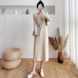 Fongt And Winter 2025 Long-Sleeved Collar Knitted Dress New Medium And Long Solid Color Bottom Straight Over Knee Dress