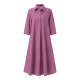 Women Summer Lapel Neck Half Sleeve Shirt Dress Casual Work OL Solid Loose Sundress Knee-length Vestidos Robe
