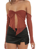Women Summer Mesh Sheer See Through T-shirts Crop Tops Solid Color Off Shoulder Front Split Knotted Tees Shirts 2024-Outfit