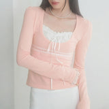 Long-Sleeved Blouses With 2024 Lace Lace Stitched Square Collar T-Shirts In Early Autumn-Outfit