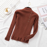 Office Lady Front Buttons Fleece Knitted Sweater Long Sleeve Mock Neck Solid Slim Pullover 2021 Winter New Fashion