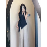 Fongt Commuting Wearing A V-Tie Tie With A Waist Design Sleeveless Top High-Waisted Broad-Legged Trousers