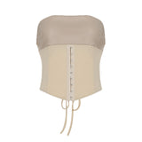 Fongt Leather Suit PU Leather Splicing Waist Tsets Hollow Folding Net Lace-Uped Ass Skirt