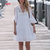 Women Dress 2019 Bohemian Dresses White Casual Beach Cotton Dress Tunic For Beach Patchwork Shirt
