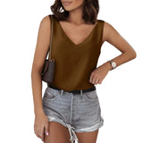 Solid Color Satin Vest V-Collar Casual Sling Sleeveless Shirt Summer Basic Style-Outfit