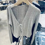 Women Grey Hollow Out Knit Cardigan 2023 Autumn Fashion Ladies V-Neck Sweaters Casual Female Chic Long Sleeve Tops-Outfit