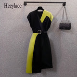 Women Deep V Neck High Waist Irregular Midi Dresses Office Ladies Elegant Patchwork Chifon Vestidos