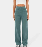 Fongt Fashion New Women's Casual Straight Pants High Waist Button Elastic Belt With Multiple