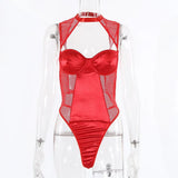 Dark Mesh Sexy See Through Gothic Lingerie Thong Bodycon Backless Halter Women's Bodysuits Lace Hollow Out Night