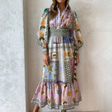 Fongt New Women's Temperament Commuting Print Painted Long-Sleeved Fashion Dress