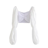 Sexy V-neck Shirt Women's Long Sleeve Puffy Sleeve Elastic Slim Open Navel Blouse Casual Fashion Pleated