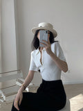 Women Elegant Summer New French Short Sleeve T-shirt Tight Pearl Button Lapel Blouse