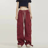 Harajuku Streetwear Black Cargo Pants Women Hip Hop Techwear Oversized Pockets Red Wide Leg Trousers High Street