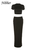 Basic 2 Piece Set Women Tracksuit Hipster Solid Casual Short Sleeve O-neck T-shirts+Matching Hip Skirt Bare Midriff Suit-Outfit