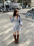 Fairycore V-neck Long Sleeve Ruched A-line Dress for Women+ Slim Fit Mesh Cummerbund 2024 Spring New Blue Two Piece Sets-Outfit