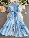 Fongt Retro-Print Collar Bubble-Sleeved Dress Women's Summer Straps To The Waists To Show A Thin Swollen Dress