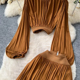 Fongt Wear With A Female Autumn Temperament Short Lantern Sleeve Shirt High Waist Hanging Feeling Open Skirt Two Sets