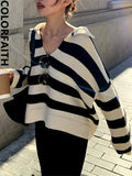 New 2022 Chic Polo Collar Knitted Striped Spring Autumn Women Sweater Korean Fashion Vintage Elegant Lady Tops