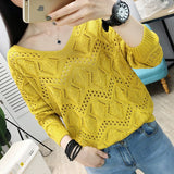Fongt 2023 New Women's Loose V-Neck Hollowed-Out Thin Top Burst Sweater Knit Bottom Bat Shirt-Outfit