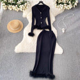 Fongt High-End Small Fragrant Style Two Sets Of Women's Atmosphere Knitted Open Fork Shirt T-Shirt