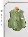 Chinese Style Emerald Green Round Collar Buckle Printed Ridge Shoulder Vest 2024 Spring Style Cool Zen Horse Clip Vest-Outfit