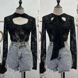 Explosion Real Shot Design Lace Ribbon Hollow Long Sleeve Top Sexy Slimming Bottom T-Shirt