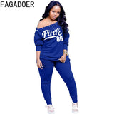 Off Shoulder Button Design Two Piece Sets Women PINK Letter Print Top+Stacked Pants Tracksuits Spring Casual Outfit