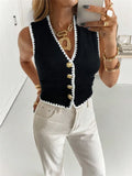 Fongt 2025 Women's Flower Decoration Single-Billed Casual Knitted Vest Sweater