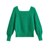 Fongt Gentle Wind Sweet Lantern Sleeve Soft Waxy Wind Sweater Retro Square Neck Knit Top Woman-Outfit