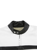 Women Gothic PU Leather Jacket Contrast Color Stand Collar Long Sleeve Zip-up Crop Top Bomber Coat Cool Racing
